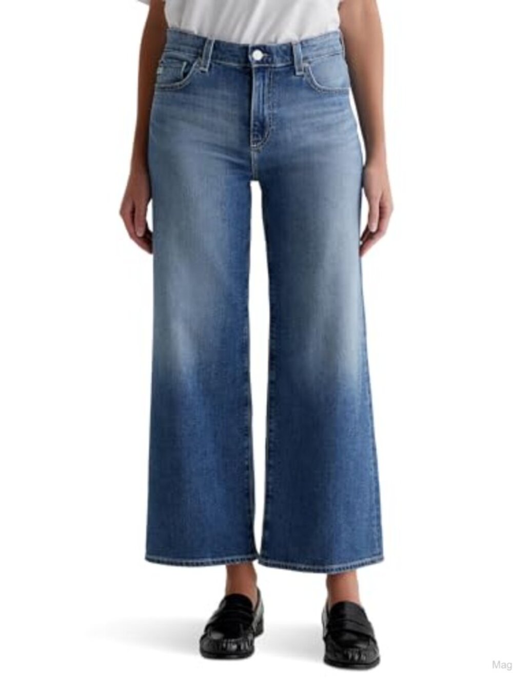 Mid Rise Wide Leg Jeans Cotton Blend Ankle Crop Stretch